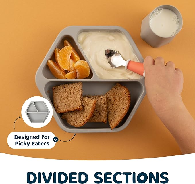 Tiny Twinkle Silicone Suction Baby Plate, Suction Grip Divided Dish for First Foods and Self-Feeding Toddlers, Baby Led Weaning Supplies for Independent Eating (Grey Plate with Lid)