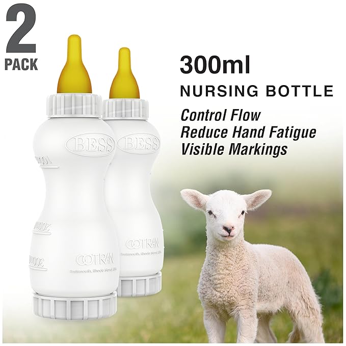 BESS Small Animal Nursing Bottle, No Leak Nipple with Insert, Wide Mouth Bottom Cap Easy Fill and Clean, Control Flow, Non-Collapsing (10oz, 2pk)