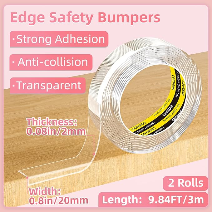 Clear Edge Protector & Corner Guards,2 Pack 0.8in(W) x 9.84FT（L, Baby Proof Corner Protectors for Furniture,Table Bumper for Baby Safety, Sharp Edge Protector for Drawers, Tables, Cabinets