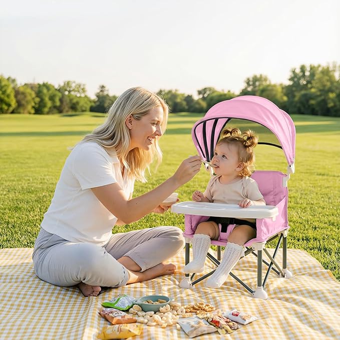 Portable Baby Booster Seat with Removable Tray & Canopy - 3 Point Safety Harness, Compact Fold for Travel, Indoor Outdoor Use for Infants & Toddlers, Pink