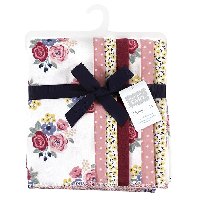 Hudson Baby Unisex Baby Cotton Flannel Burp Cloths, Blush Navy Floral 7-Pack, One Size