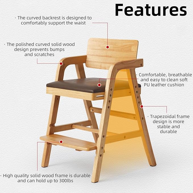 Solid Wood High Chair for Babies&Toddlers, Adjustable Baby Highchair with Steps for Dining, Teens Study Chair, Natural