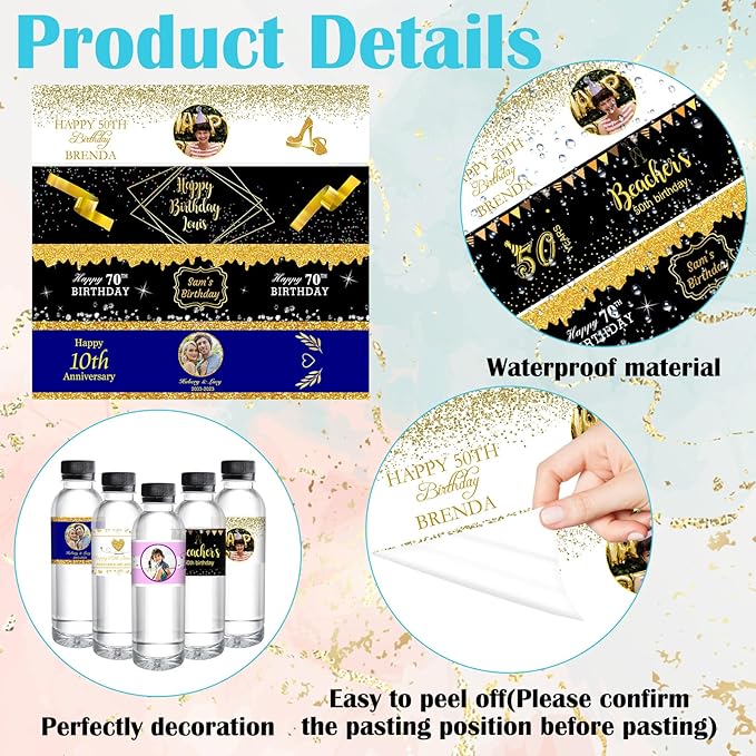Personalized Water Bottle Labels for Birthday Anniversary Custom Happy Birthday Labels with Name for Water Bottle Stickers Waterproof Printable Photo Bottle Labels Gifts 50 Pcs
