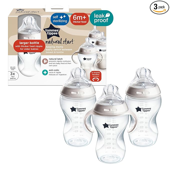 Tommee Tippee Natural Start Baby Bottle, 11oz, Thicker Feed, Breast-Like Nipple for Babies 6 Months+, Clear, 3 Count