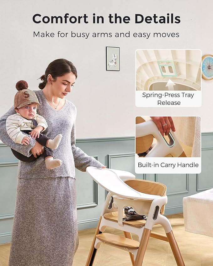 Momcozy DinerPal Wooden High Chair for Babies, Toddlers & Adults Up to 308 Lbs, Convertible Baby Highchair with Food-Grade Tray, Dishwasher-Safe, Adjustable & Ergonomic, Natural Wood