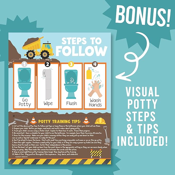 Hadley Designs Potty Training Chart for Toddlers Boys -10 Sticker Potty Chart for Toddlers Boys, 8.5x11" Potty Training Sticker Charts for Toilet Success, Construction Toddler Reward Chart for Kids