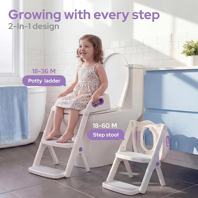 lalalark Potty Training Seat, 2-in-1 Toddler Toilet Seat with Steps, Upgrade Potty Step Stool for Toddler with Anti-slip Pad Step Stool, Extended Splash Guard, Foldable Potty Ladder Boys Girls, Purple
