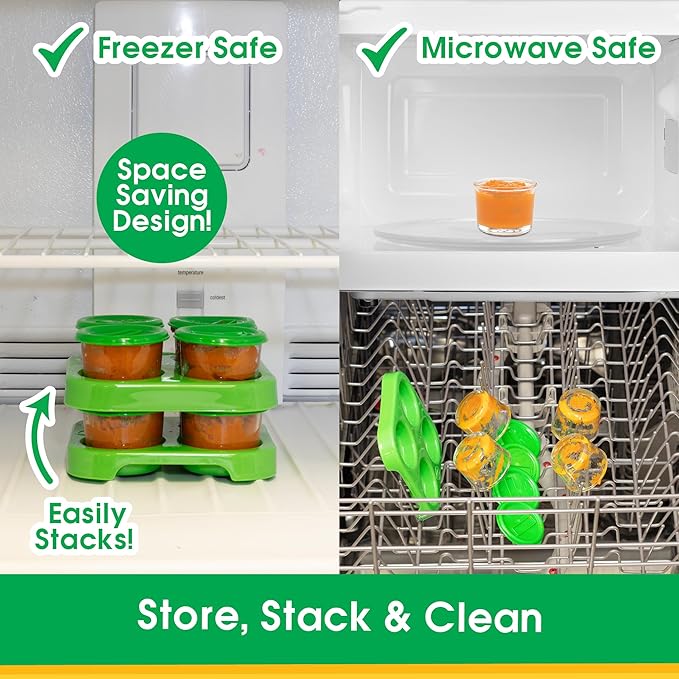 Glass Baby Food Storage Containers (4 Pk) - 2oz Jars in Stackable Storage Tray w Tight Interlocking Base- Dry-Erase Marker Labeling- Microwave Freezer Dishwasher Safe- Babyfood Breast Milk, Gift