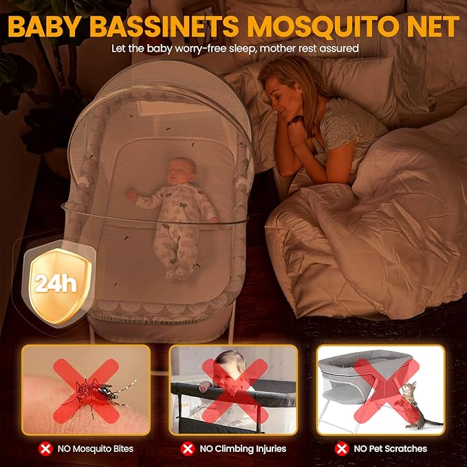 Orzbow Bassinet Cover for Cats - Breathable Mosquito Net Cover for Bassinets/Travel Cribs/Mini Cribs, Baby Mosquito Net to Keep Pets Out, with Two-Way Self-Locking Zippers and Storage Bag, White