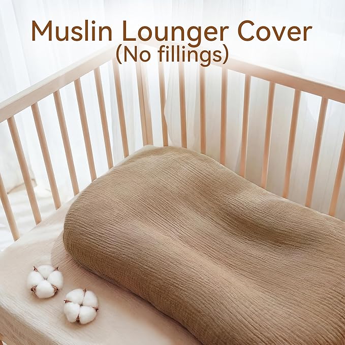 Muslin Baby Lounger Cover 1 Pack, Cotton Soft Breathable Infant Nest Slipcover, Envelope Closure, Compatible with Snuggle Me Loungers, Machine Washable, Cover Only, for Boys Girls(Brown)