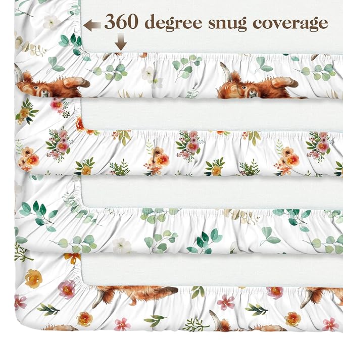 4 Pack 52" x 28" Changing Pad Cover for Boys Girls Highland Cow Eucalyptus Leaf Floral Pattern Neutral Nursery Decor Change Table Covers Soft Changing Pad Sheets for Baby Girls Baby Boys