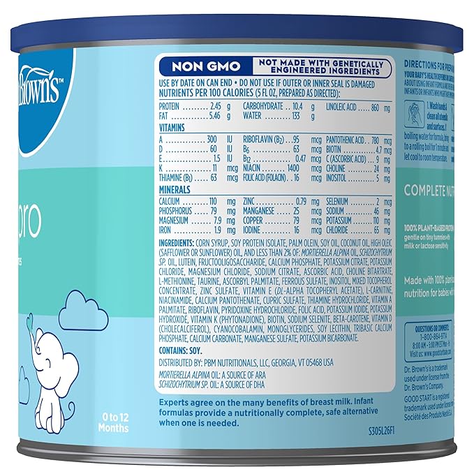 Good Start | Dr. Brown's Soy-ease Pro Baby Formula Powder, for Sensitive Tummies, Dairy Free and Lactose Free for Fussiness and Gas, Non-GMO, 20 Oz