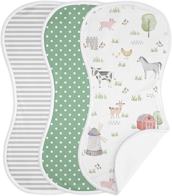Sweet Jojo Designs Farm Animals Baby Boy Girl Absorbent Burp Cloths Infant Newborn Grey Red Black and White Green Watercolor Farmhouse Barn Horse Cow Sheep Pig Gender Neutral 3 Pack Set Dribble Drool