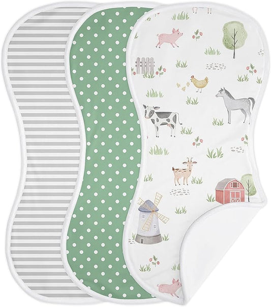 Sweet Jojo Designs Farm Animals Baby Boy Girl Absorbent Burp Cloths Infant Newborn Grey Red Black and White Green Watercolor Farmhouse Barn Horse Cow Sheep Pig Gender Neutral 3 Pack Set Dribble Drool