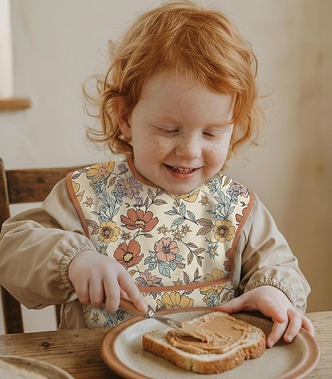 3-Pack Waterproof Baby Bibs for Eating - Mess Proof Lightweight Toddler Feeding Bibs with Large Food Catcher, Food-Grade Baby Eating Essentials, Easy to Put On & Clean(Retro Floral)