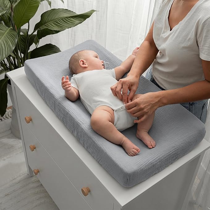 Comfy Cubs Muslin Fitted Changing Pad Cover Pack of 2, Pacific Blue and Heather - Soft, Breathable, Washable 100% Cotton Fitted Sheet for Comfort - Universal Fit for Flat & Curved Baby Changer Pad