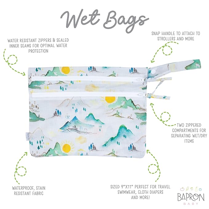 BapronBaby Mountain Mist Wet Dry Bag - Waterproof Two Zipper Pockets - Reusable for Mealtime, Diapers, Stroller, Snacks, Swimsuits - Machine Washable - 11" x 9"