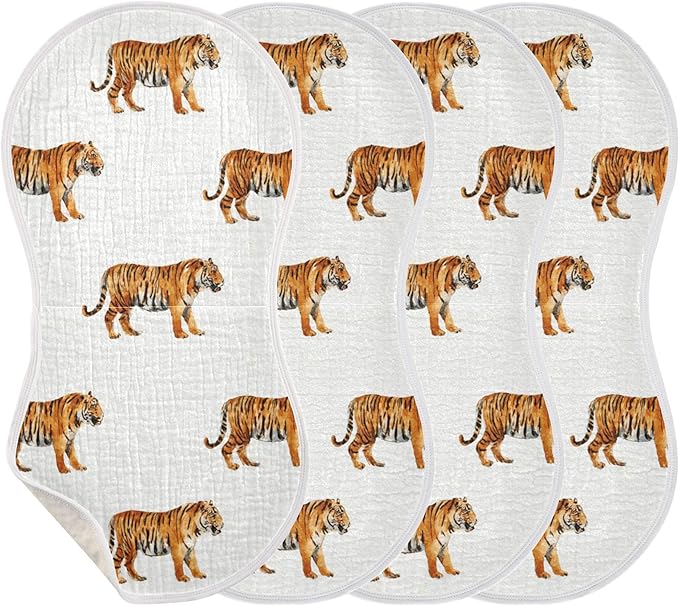 Tropical Tigers Animal Grey Burp Cloths Baby Boys Girls Absorbent Soft Cotton Burping Cloths Rags, 4 Pack