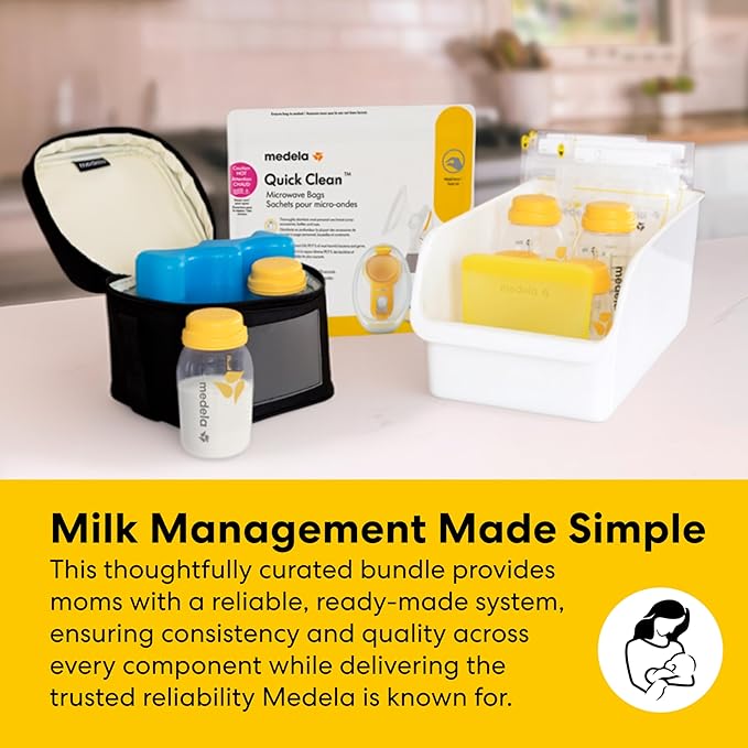 Medela All-in-One Breast Milk Storage Set with 150 ml & 250 ml Bottles, Easy Pour & Reusable Bags, Quick Clean Microwave Bag, Organizer Tray and Cooler with Contoured Ice Pack