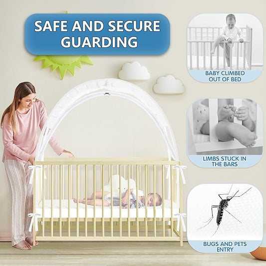 Crib Tent - Crib Net to Keep Baby in, Stop Baby from Climbing Out of Crib, Pop Up Baby Crib Tent with Double Zip Strong Rods and Breathable Net Clear Visibility Easy to Install (White, Large)
