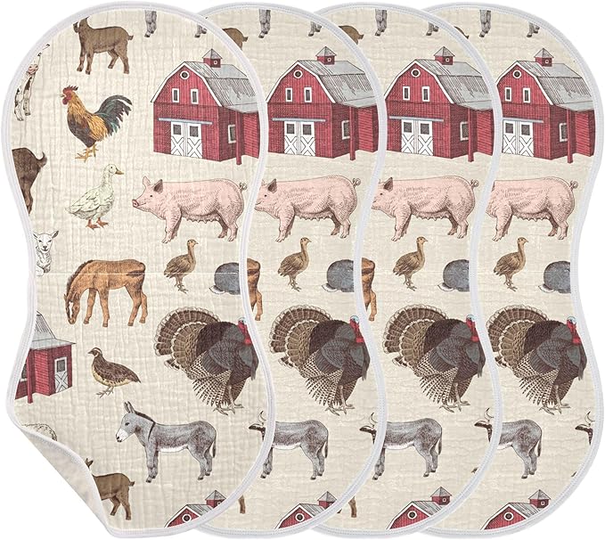 Vintage Farm Animals Burp Cloths Baby Boys Girls Absorbent Soft Cotton Burping Cloths Rags 2 Pack