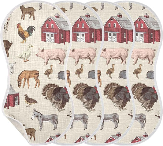 Vintage Farm Animals Burp Cloths Baby Boys Girls Absorbent Soft Cotton Burping Cloths Rags 4 Pack