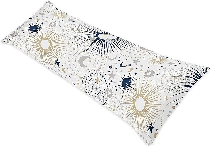 Sweet Jojo Designs Star and Moon Body Pillow Case Cover (Pillow Not Included) - Navy Blue, Gold, and Grey Celestial Sky Stars Gender Neutral Unisex
