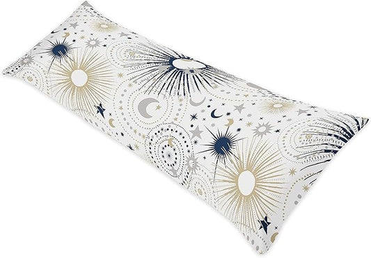 Sweet Jojo Designs Star and Moon Body Pillow Case Cover (Pillow Not Included) - Navy Blue, Gold, and Grey Celestial Sky Stars Gender Neutral Unisex