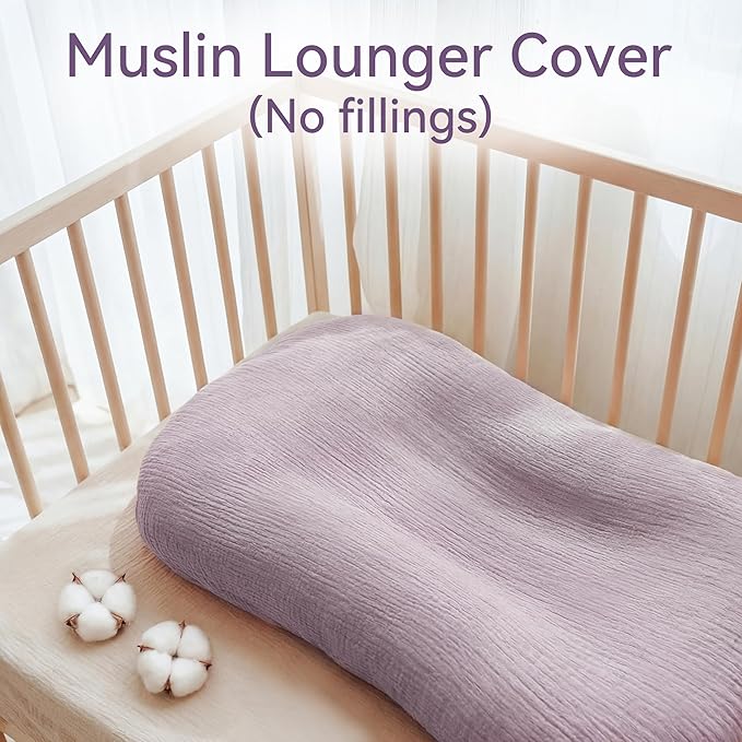 Muslin Baby Lounger Cover 1 Pack, Cotton Soft Breathable Infant Nest Slipcover, Envelope Closure, Compatible with Snuggle Me Loungers, Machine Washable, Cover Only, for Girls Boys (Purple)