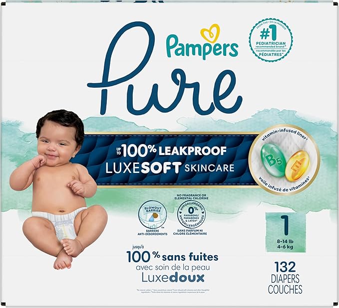 Pampers Pure Baby Diapers, Size 1 (8-14 lbs), 132, Up to 100% Leakproof, Premium Hypoallergenic Soft Diapers