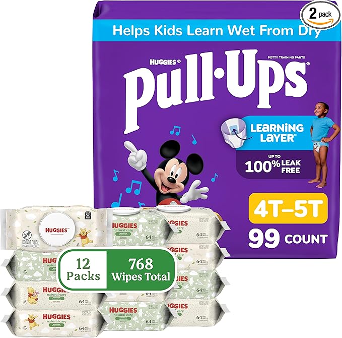 Pull-Ups for Boys + Natural Care Sensitive Wipes Bundle: Pull-Ups Training Pants, Size 4T-5T (38-50 lbs), 99 Count (3 Packs of 33) & Huggies Natural Care Sensitive Baby Wipes, 12 Packs, 768 Count