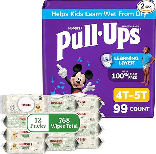 Pull-Ups for Boys + Natural Care Sensitive Wipes Bundle: Pull-Ups Training Pants, Size 4T-5T (38-50 lbs), 99 Count (3 Packs of 33) & Huggies Natural Care Sensitive Baby Wipes, 12 Packs, 768 Count