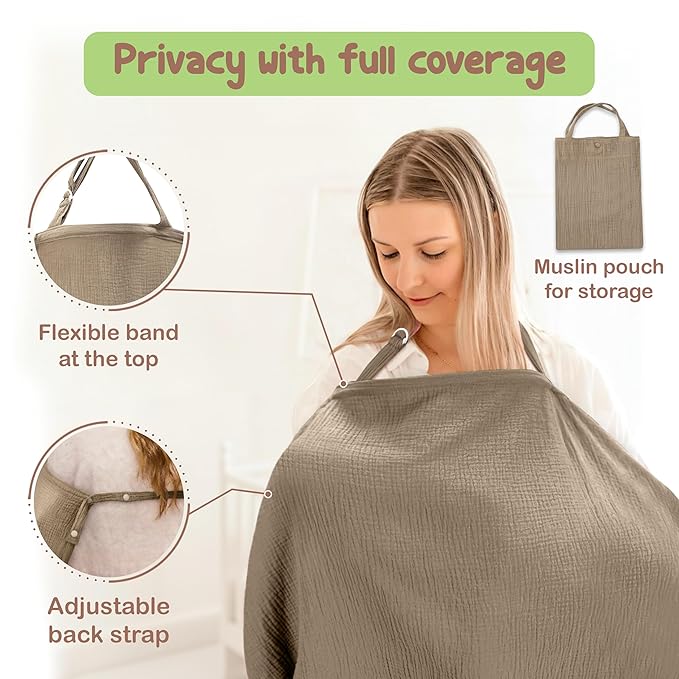 100% Organic Cotton Nursing Cover & Shawl - 43 x 28 Inch Breathable Muslin Breastfeeding Nursing Apron Cover with Arch Neckline for Mothers, Multi-use Carseat Canopy (Beige)