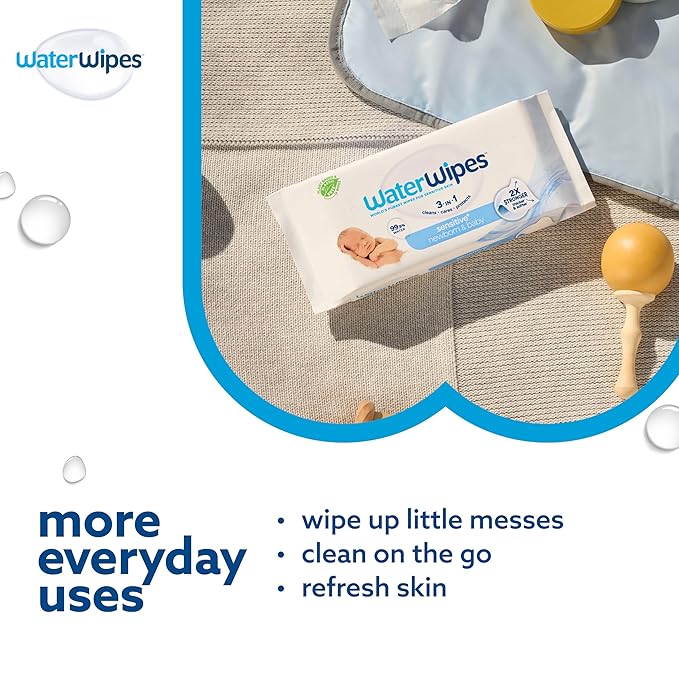 WaterWipes Sensitive+ Newborn & Baby Wipes, 3-In-1 Cleans, Cares, Protects, 99.9% Water, Unscented & Hypoallergenic, 60 Count (24 Packs)