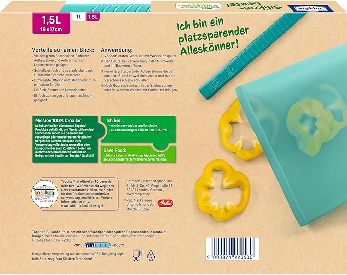 Toppits Set of 2 Reusable Silicone Bags 1 L + 1.5 L with Stand, Microwave-Safe, Dishwasher Safe