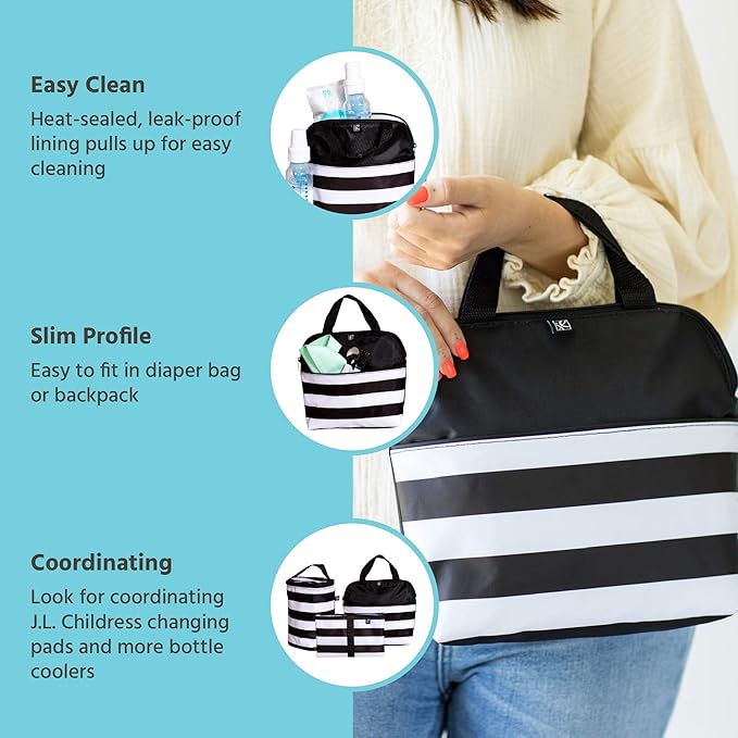 J.L. Childress MaxiCOOL Breast Milk Cooler Travel Bag- Insulated Baby Bottle Storage Bag, Portable Organizer Pack for Moms, Includes Ice Pack for Food & Breast Milk, Fits 4 Bottles- Black/White Stripe