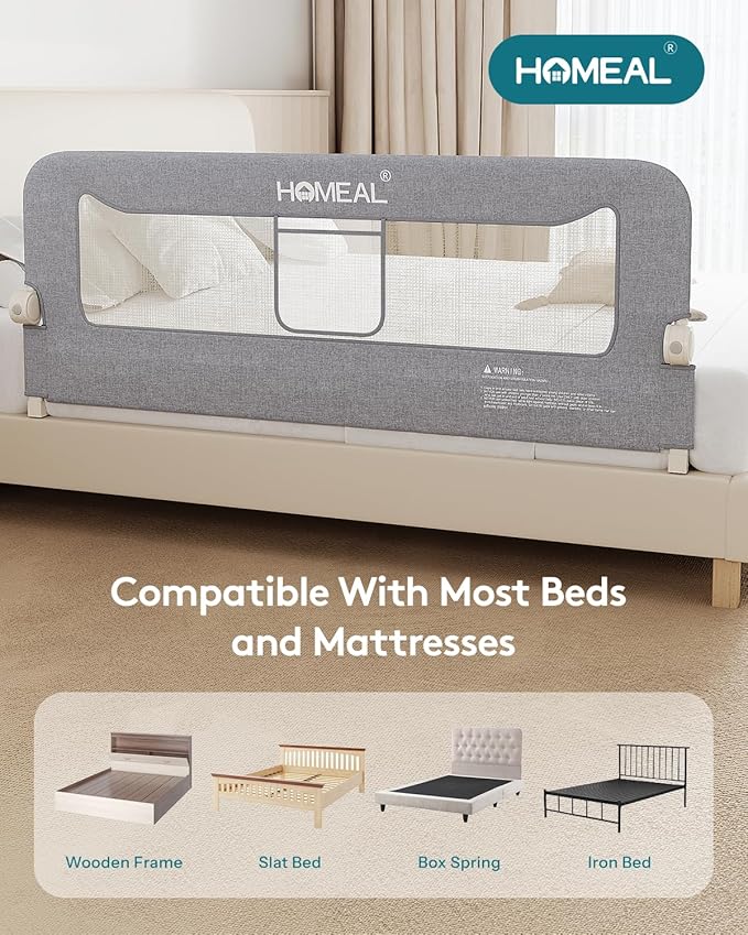 HOMEAL Bed Rail for Toddlers, 59" Extra Long Swing Down Bed Guard with Double Reinforced Stability, Foldable Metal Safety Rail for King, Queen, Full & Twin Beds, Grey