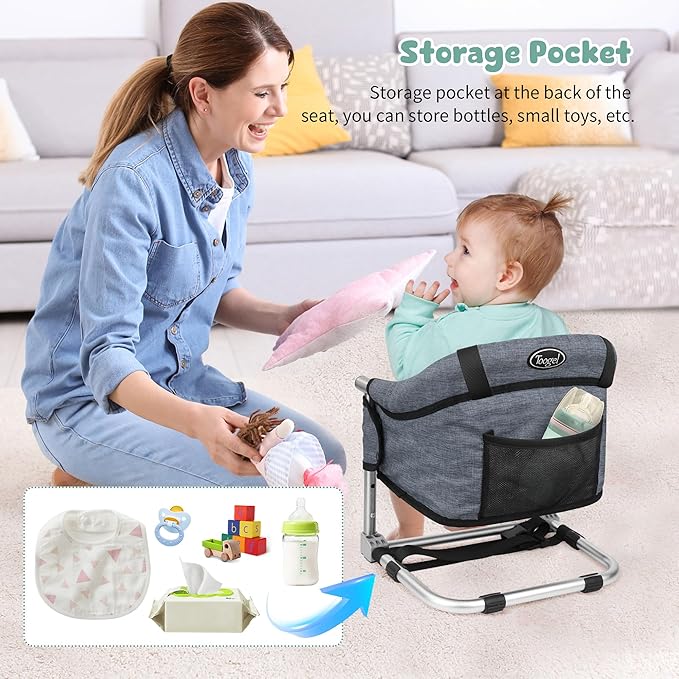 Booster Seat for Dining Table, 3-in-1 Portable Toddler Booster Chair with Safety Buckle, Height Adjustable & Foldable Baby Feeding Seat, Travel High Chair with Washable Cover & Storage Pocket - Grey