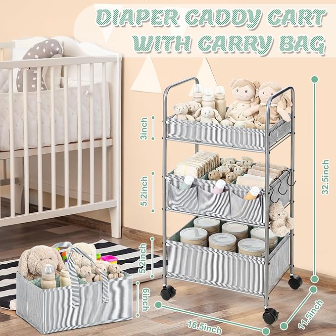 WILLBOND 2 in 1 Baby Diaper Caddy Organizer Cart, 3 Tier Large Stripe Bedside Rolling Cart Metal for Baby Essential with Divider for Newborn Registry Must Have Nursery Bedroom Mother Gift(Green)