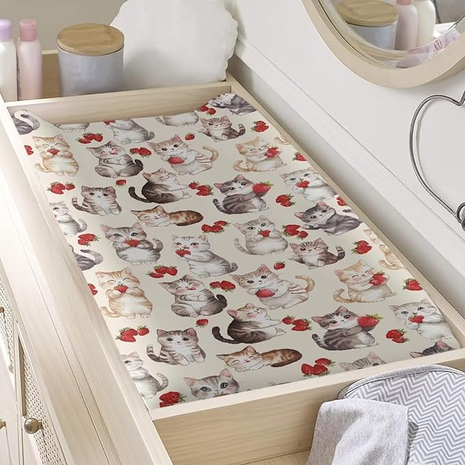 Cute Cat Baby Nursery Diaper Changing Pad Covers Beige Change Table Cover Sheets for Newborn Boys, One Size, Breathable Soft Changing Table Covers