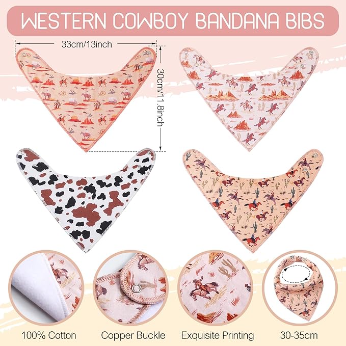 VitalCozy 4 Pcs Western Cowboy Baby Bandana Bib Cotton Newborn Infant Feeding Drool Bib for Drooling and Teething Girl Boy