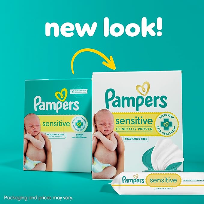 Pampers Sensitive Baby Wipes, Water Based, Clinically Proven, Hypoallergenic, and Unscented for Babies, 56 Wipes Total (1 Flip-Top Packs) [Packaging May Vary]