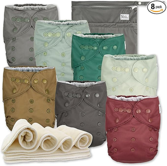 Nora's Nursery AWJ Cloth Diapers 7 Pack with 1 Wet Bag - Waterproof Cover, Washable, Reusable & One Size Adjustable Pocket Diapers for Newborns and Toddlers - Hickory