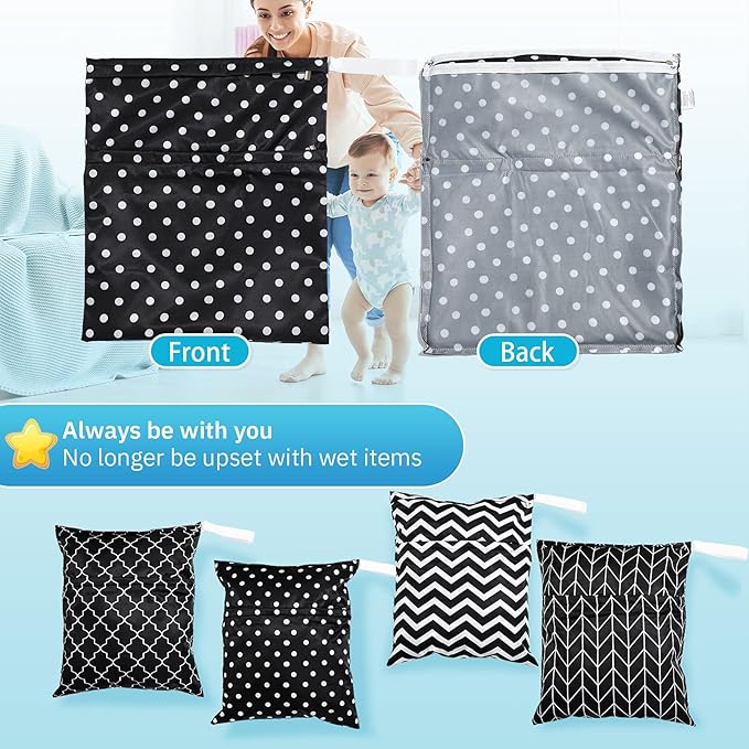 Frienda 4 Pieces Cloth Diaper Wet Dry Bag, Waterproof Reusable Washable Bag for Baby Items and Travel Zippered Pockets with Handle, Beach, Swimsuit, Dirty Gym Clothes and Toiletries(Dark Geometric)