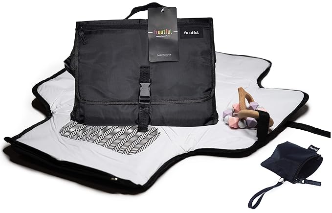Diaper Changing Pad, Cushioned Mat with Built-in Pillow, Black with Pockets, Waterproof Travel Mat, Bonus Pacifier Pouch