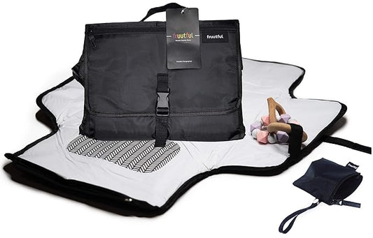 Diaper Changing Pad, Cushioned Mat with Built-in Pillow, Black with Pockets, Waterproof Travel Mat, Bonus Pacifier Pouch