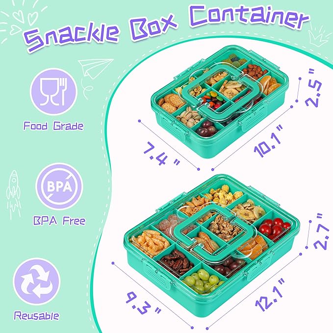 Xyptorix Snack Box Container for Kids - Adjustable 12-Compartment Snack Containers, Reusable Bento Box, Dishwasher Safe, BPA-Free, Perfect for School, Travel, Camping & Picnic, Green