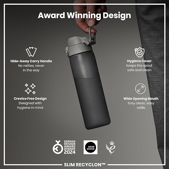 Ion8 Water Bottle, 500 ml/18 oz, Leak Proof, Easy to Open, Secure Lock, Dishwasher Safe, BPA Free, Hygienic Flip Cover, Carry Handle, Fits Cup Holders, Easy Clean, Odor Free, Carbon Neutral, Grey