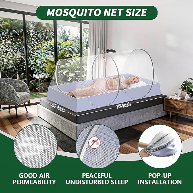 Extra Large Pop Up Mosquito Net,Soft,Comfortable,Sturdy Durable,and Breathable Mesh Tent,78x 41x 31In,Foldable and Easy To Carry,Mosquito Net for Bed,Adult Bedroom,Travel,Camping,Beach,Jungle Sleeping