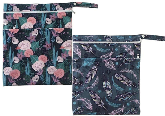 2PCS Wet Dry Bag Baby Cloth Diaper Nappy Bag Reusable with Two Zippered Pockets (NB01)